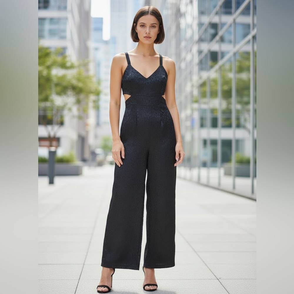 JAY GODFREY PATTERNED CUT OUT BLACK WIDE LEG SLEEVELESS JUMPSUIT (4)